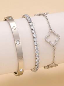 Vintage Stainless Steel Zirconia Four-Leaf Clover Bracelet, Women's Daily Wear Jewelry