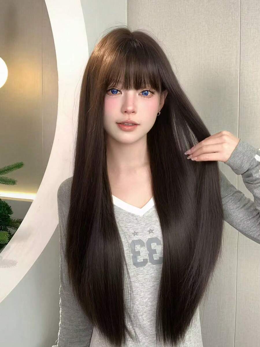 alicegarden 1顶合成耐热假发，黑棕色长直发带刘海，28英尺长，纤维材质，适合日常佩戴，仿真度高。 - Black-brown - 查看 1