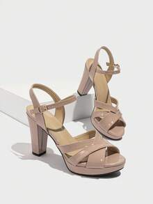 女士亮面漆皮交叉镂空舒适柔软杏色高跟凉鞋，露趾厚底厚跟搭扣带休闲正装鞋，适合海滩、派对、约会、婚礼、春夏装扮 - 粉色 - 查看 6