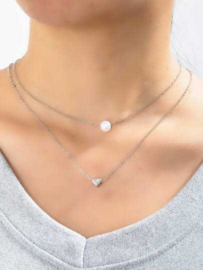 1pc Fashionable Minimalist Double-Layer Heart Pendant Necklace With Faux Pearl Pendant For Women