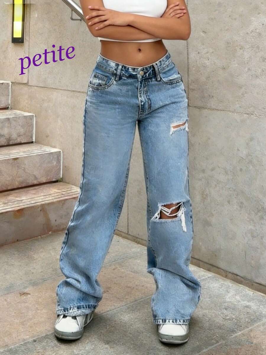 Jeans à jambes larges en denim lavé pour petites femmes, style déchiré décontracté avec poches et fermeture éclair, convient aux petites femmes - Jean clair - Voir 1