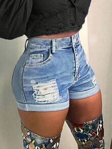 女士中腰卷边弹力紧身牛仔短裤，浅蓝色水洗做旧毛边性感短裤 - 淺色水洗藍 - 查看 5