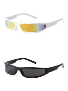 一副男士时尚Y2K运动眼镜，反光镜片，环绕式未来主义风格眼镜，朋克潮人眼镜，90年代窄矩形镜框时尚眼镜，小巧便携，适合派对、驾驶、海滩、节日、旅行等场合，可搭配万圣节服装、街头服饰、毛衣、夹克、连帽衫、紧身裤和工装裤，非常适合夏季海滩度假、户外活动和旅行。 - 彩色 - 查看 9