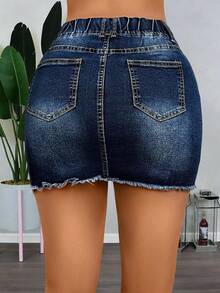 女式破洞松紧腰合身牛仔迷你裙 - 深色水洗藍 - 查看 9