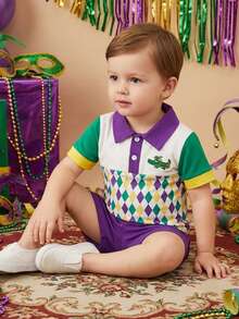 Baby Boy MardiGras Outfit Turn Down Collar Short Sleeve Tops Elastic Waist Shorts Set ​2Pcs Carnival Clothes Toddler Boys Carnival Outfits Patchwork Rhombus Print Turn Down Collar Tops Elastic Waist Shorts 2Pcs Clothes Set - 紫色 - 查看 2