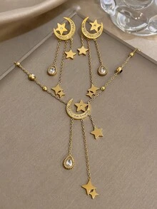 Star & Moon Pendant Earrings, Gold Long Necklace, Women's Stainless Steel Jewelry Set With Rhinestones, Daily/Birthday/Christmas Gift - Multicolor - View 11