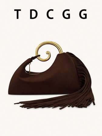 Suede Metal Ring Handle Tassel Clutch Bag, Fashionable And Elegant Women's Handbag, New Autumn/Winter Style, Suitable For Parties, Gatherings, Galas, Weddings, Cocktail Parties, Festivals, Dates And Girls' Nights Out