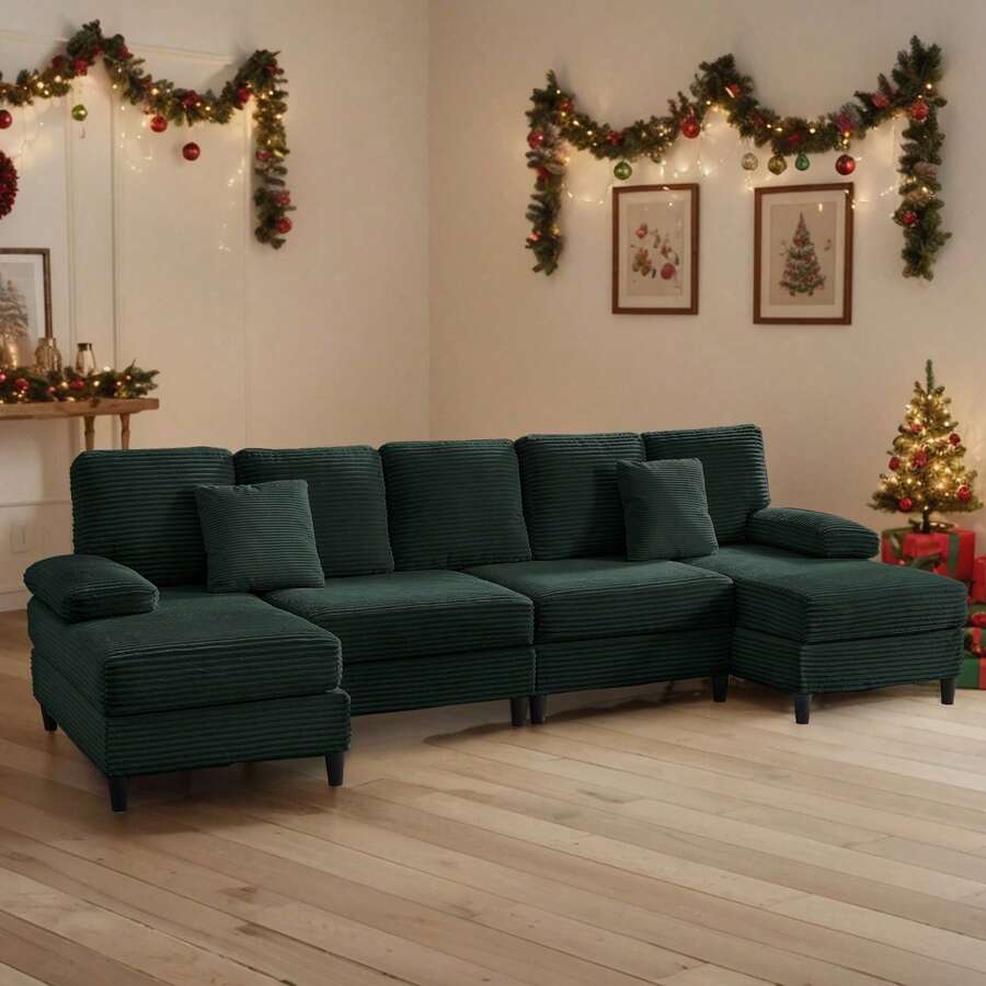 112" Upholstered U Shaped Sectional Couches, Corduroy Living Room Furniture,Large 4-Seater Sofa With Double Chaises And Sleepable Armrests,Throw Pillows For Couches Sofas Living Room - Verde - Ver 1