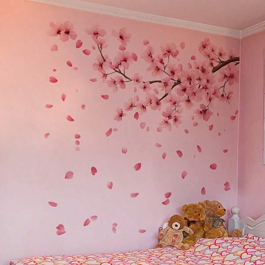 Pink Cherry Blossom Branch Wall Decals Set, Falling Petals, Self-Adhesive Removable Floral Stickers, Suitable For Kids Room, Bedroom And Room Decor - Multicolor - View 1