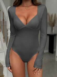 Vaiaye 女士性感 Y2K 修身针织黑色连体衣，V 领长袖春夏连体衣，优雅 - 灰色 - 查看 7