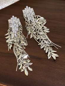 1对时尚立方氧化锆小麦耳夹及叶子流苏耳环，几何夹式耳环，女士派对首饰礼品 - clip - 查看 6