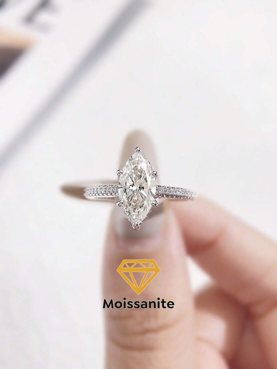 1pc 2ct Romantic And Brilliant Six-Prong Marquise-Cut Melee Moissanite Wedding Ring, S925 Sterling Silver Luxury Engagement Ring, Promise Ring, Anniversary Ring, Women's Jewelry Gift, New Year's Gift - Six-pronged Horse-eye Moissanite Ring - 2CT - View 1