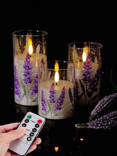 1 pieza/2 piezas/3 piezas Velas LED sin llama, Juego de velas LED con patrón de lavanda, Velas LED con efecto de parpadeo, Velas electrónicas a pilas con control remoto y temporizador, Adecuadas para dormitorio, fiesta, decoración del hogar, mesa de comedor, jardín, boda, exterior, bañera, cena, Día de San Valentín, calentador de velas, fiesta de vacaciones