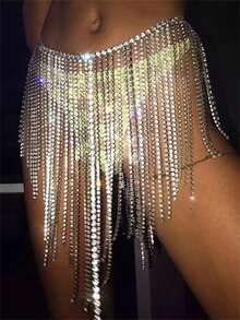 Women's Luxurious Silver Crystal Rhinestone Long Tassel Waist Chain Body Chain