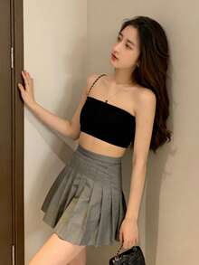 Strapless Crop Top (Without Straps, Includes Padding, Non-Removable) Casual Black Summer - Black - View 2