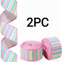 2 rollos de 10 yardas de cinta de 1.5 pulgadas con alambre, de estilo pastel de Pascua y primavera, cinta decorativa de rayas de lona rosa, adecuada para embalaje de fiestas de Navidad y manualidades - Colores mixtos - Ver 8