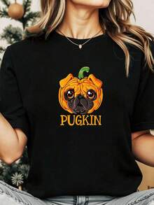 Pugkin Pumpkin Halloween Thanksgiving Hombres Mujeres Camiseta de perro - Negro - Ver 2