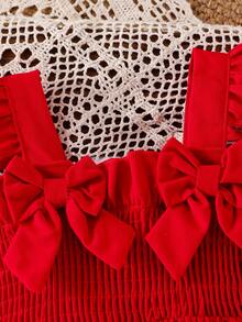 2pcs Baby Girl Sweet & Spicy Style Backless Bow Tie Sleeveless Ruffle Strap Camisole Top And Cherry Embroidery Ruffle Hem Denim Shorts Set - Red - View 4