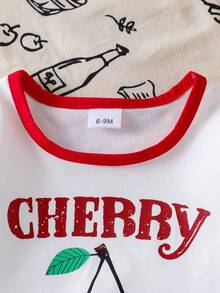 2pcs Baby Girl Set: Cherry Print Short Sleeve T-Shirt Top And Cherry Embroidered Pleated Denim Mini Skirt - White - View 4