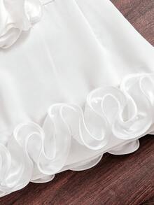 Set de 2 piezas: Blusa corta blanca de verano con mangas abullonadas de perlas + Minifalda de satén con volantes en el bajo, estilo callejero dulce para niña - Blanco - Ver 10