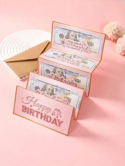 一套红色信封，粉色现金礼品袋，男女皆宜的生日礼物创意，派对小礼物，包含可折叠卡片和信封，趣味现金礼品展示，生日装饰，生日礼物，派对小礼物，节日礼物，周年纪念礼物