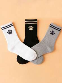 1/3/6双装卡通爪印中筒袜，男女通用黑白灰条纹棉袜，透气舒适休闲袜 - 彩色 - 查看 5