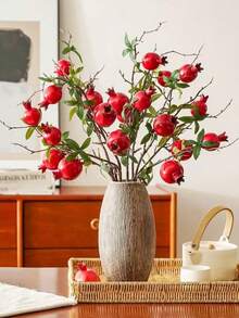 1pc/5pcs Faux Pomegranate Branch Decor, Multi-Fruit Red Pomegranate Floral Arrangement, Home Living Room Dining Table Floral Decor, Suitable For Various Holidays Gifts, Autumn Harvest, Thanksgiving, Halloween, Seasonal Weddings And Home Decor, Faux Flowers, Garden Ornaments Outdoor, Easter Decoration, Artificial Flowers, Flower Bouquet, Plant Pots Outdoor - Red - View 3