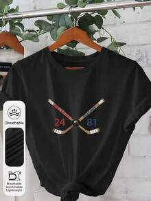 加大码女式休闲夏季冰球图案圆领短袖黑色T恤 - 黑色 - 查看 6