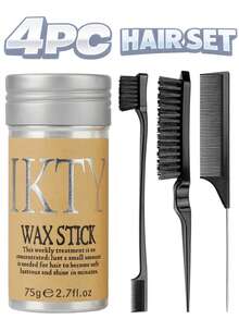 ikt 4pcs Hair Wax Stick Set - Create Smooth Slicked Back Hairstyle, Includes Hairline Brush, Comb And Hair Wax Stick, Effectively Controls Frizz And Styles Smooth Hair.
