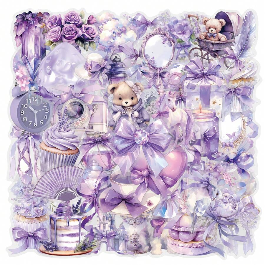 62pcs Purple Transparent PET Stickers Aesthetics Stickers For Water Bottles, Diaries, Laptops, Luggage, Bumpers, Cell Phones, Scrapbooks, Scooters, Helmets, Car Cartoon Stickers And Decals, Stickers Can Add A Lot Of Fun To Your Life - Mauve Purple - View 1