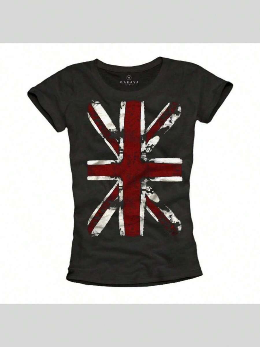 Womens Union Jack Tshirt - England Flag UK Top - Band Tee Shirt Oversize Print SML - Black - View 1