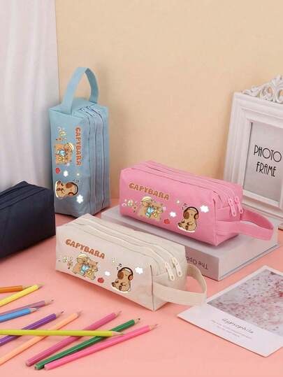 Estuche para lápices de Capibara lindo, bolsa de almacenamiento, bolsa de almacenamiento de estilo básico de tela Oxford, diseño de doble cremallera, bolsa de cosméticos, accesorio de viaje multifuncional, ahorro de espacio, elegante, ordenado, compatible como regalo de aniversario para novia, familia, amigos, multifuncional, ornamental, reutilizable, moderno, artículos de papelería