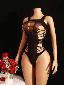 1pc Women's Black Spaghetti Strap Sheer Jumpsuit With Cutout Design, Rope Splice, Fashionable Minimalist Unique Charm Sexy Jumpsuit - Black - View 2