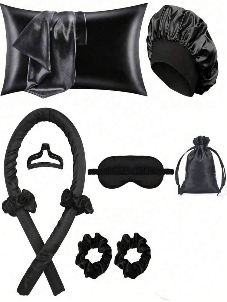 13/10/8/5/1 Piece Set Black Hair Styling Tools Kit, Includes Curling Iron, Face Massager, 1 Silk Pillowcase, Large Hair & Skin Care Set, No-Heat Silk Hair Curler, Night Hair Curler, 1 Soft Sleep Eye Mask, Ladies Face Massage Roller, 1 Comb, Hair Care Products & Accessories, Hair Styling Tool Set, Curling Products, Travel Essentials, Christmas Gift, Gift For Her - Multicolor - View 15