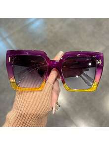 Large Square Fashion Glasses Unisex - Gradient Green Yellow Lenses, Lightweight Design Suitable Summer Parties And Events,  Casual Glasses, Simple Fashion Style BSWN - 紫色的 - 查看 2