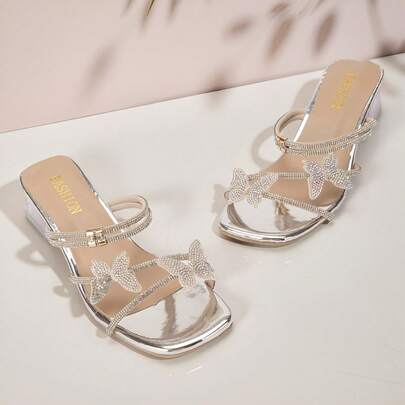 Women's Rhinestone Butterfly Transparent Chunky Heel Sandals
