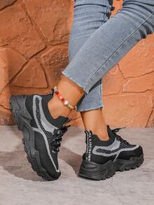 1 par de zapatillas de mujer, zapatillas deportivas casuales cómodas con suela blanda y transpirable, diseño de puño elástico, patrón exquisito, antideslizante y transpirable - Negro - Ver 2