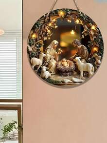 2D平面耶稣诞生场景木质挂牌 - 圆形人造马槽展示，包含圣母玛利亚、牧羊人和羔羊 - 适合教堂入口或家居圣诞装饰 - 易于悬挂的平面宗教装饰品，2D平面 - 彩色 - 查看 8