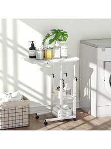 Mesa Multifuncional Ajustable en Altura con Ruedas y 3 Estantes - Laptop/Reunión/Jardín - Blanco - Ver 2