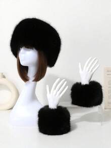 1pc Faux Fur Headband + 2pcs Faux Fur Sleeve Cuffs - Black - View 2
