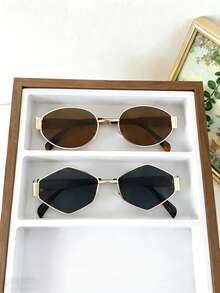 Oval Metal Frame Women's Fashion New Y2K Streetwear Polygonal Glasses - M12 Gold Tea 1 Pair M12-2 Gold Gray 1 Pair - View 13