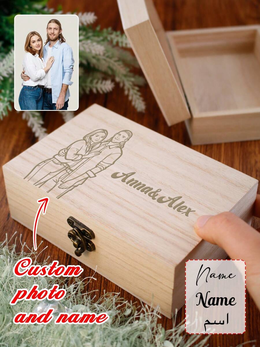 Boîte de rangement photo personnalisée, boîte à bibelots en bois personnalisée, boîte à souvenirs photo personnalisable, boîte décorative personnalisable avec nom, boîte à bijoux, boîte souvenir de vacances, cadeau de mariage, cadeau d'anniversaire, cadeau de la Saint-Valentin, anniversaire, chambre, maison, couples, organisateurs et rangement de placard, boîte à souvenirs - Modèle A - Voir 1