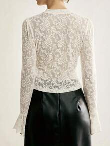 Women's Spring New Floral Lace T-Shirt, Hollow-Out Craftsmanship, Round Neck, Flare Sleeve, Elegant Undershirt/Outerwear - White - View 4