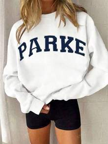 Women's Casual "PARKE" Letter Print Loose Pullover Sweatshirt, Encountering Lazy Fashion. - 白色 - 查看 2