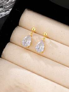 1 Pair S925 Sterling Silver Teardrop Cubic Zirconia Stud Earrings, Elegant Pear-Shaped Earrings, Hypoallergenic, Comes With Gift Box, Great Gift Choice