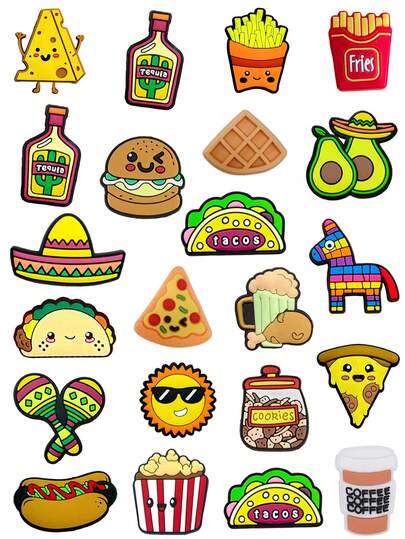 20pcs Mexican Style Shoe Decoration Set, Suitable For Shoes, Bags, Bracelets, Removable Creative DIY Decor, Great For Birthday, Christmas, Valentine's Day, Halloween And Party Gifts, Cute Cartoon Food Themed Shoe & Bag Charms, Applicable To Sandals, Slippers, Beach Bags And Various Accessories, Unisex Party Holiday Gift