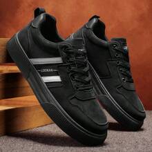 2026新款男鞋，黑色绒面革拼接低帮运动鞋，银白条纹休闲鞋，厚底增高日常百搭鞋履 - 黑色 - 查看 4