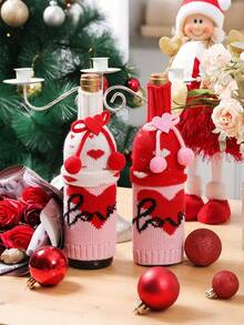 2个粉色爱心蝴蝶结酒瓶套，节日餐厅装饰，情人节葡萄酒瓶套，情人节葡萄酒瓶套装，酒袋，创意香槟酒瓶套，带图案的爱心蝴蝶结酒瓶套，针织酒瓶套，酒店、餐厅、餐桌节日装饰，浪漫礼物，情人节装饰品