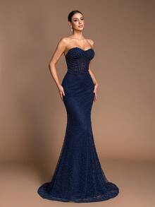 纯色优雅正式晚宴婚礼拉链口袋水钻连衣裙 春季 - 藏蓝色 - 查看 6