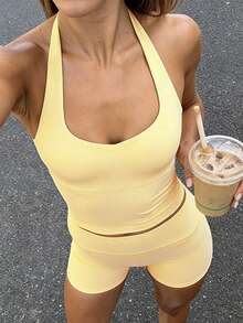 GAOVOT Women's Two Pieces Summer Sports Casual Sexy Halter Neck Tank Yellow Top And High Waisted Hip Tight Shorts Suit For Running Exercise Yoga Gym Clothes - Light Yellow - View 7